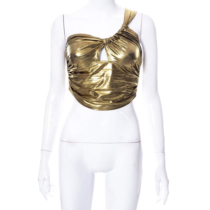 S / Gold C0017 Spring 2023 New Solid Tank Top Sexy Open Umbilical Pleated Women's Vest