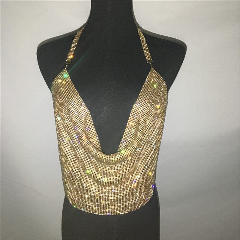 S / Gold SHIHAN 2023 New Sexy rhinestones top color chainmail diamond party crystal deep V crop top for fashion festival vest women