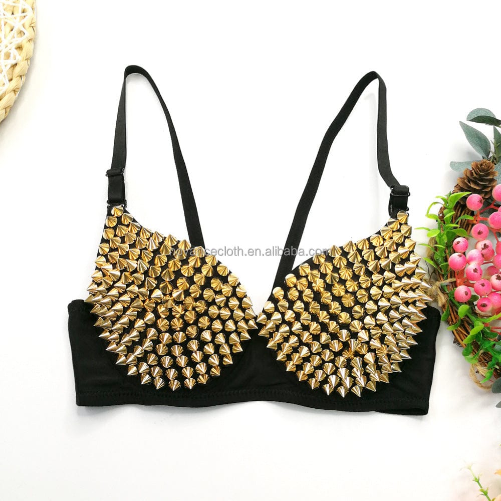 S / Golden Alibaba Online Shopping Top Corto Para Mujer Perlas Custom Women'S Fitted Crop Tank Top Unique Design Spike Studded Sexy Bra