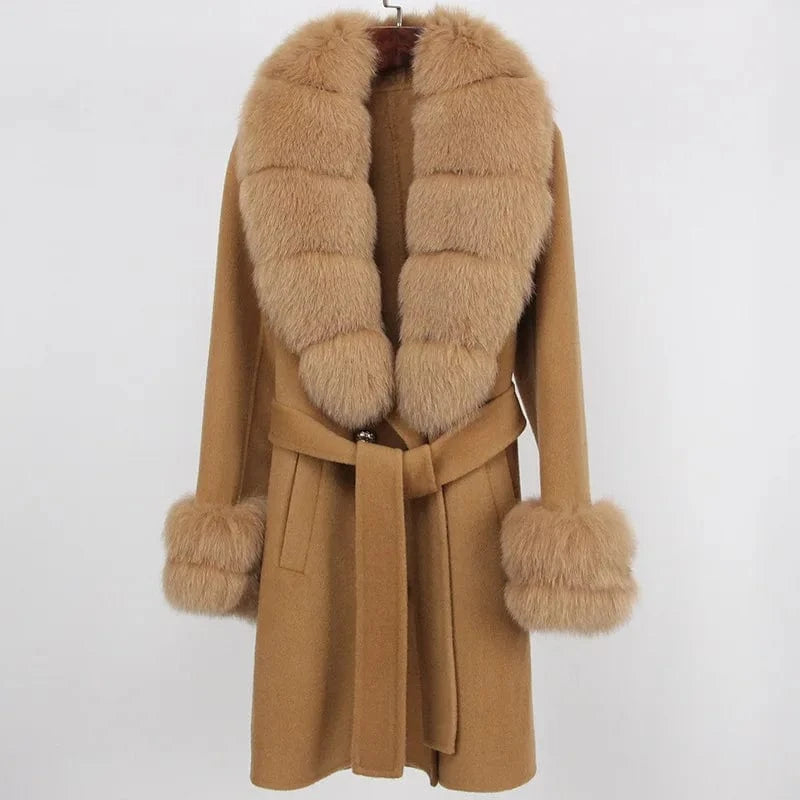 S / Golden camel Cashmere Coat Women's Mid-Length 2023 Autumn And Winter New Fox Fur Collar Slim-Fit Woolen Coat