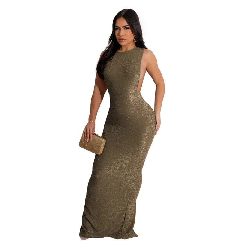 S / Golden korean elegant luxury women golden sleeveless long gown evening wear dress 2024 elegant women silver evening party clothes