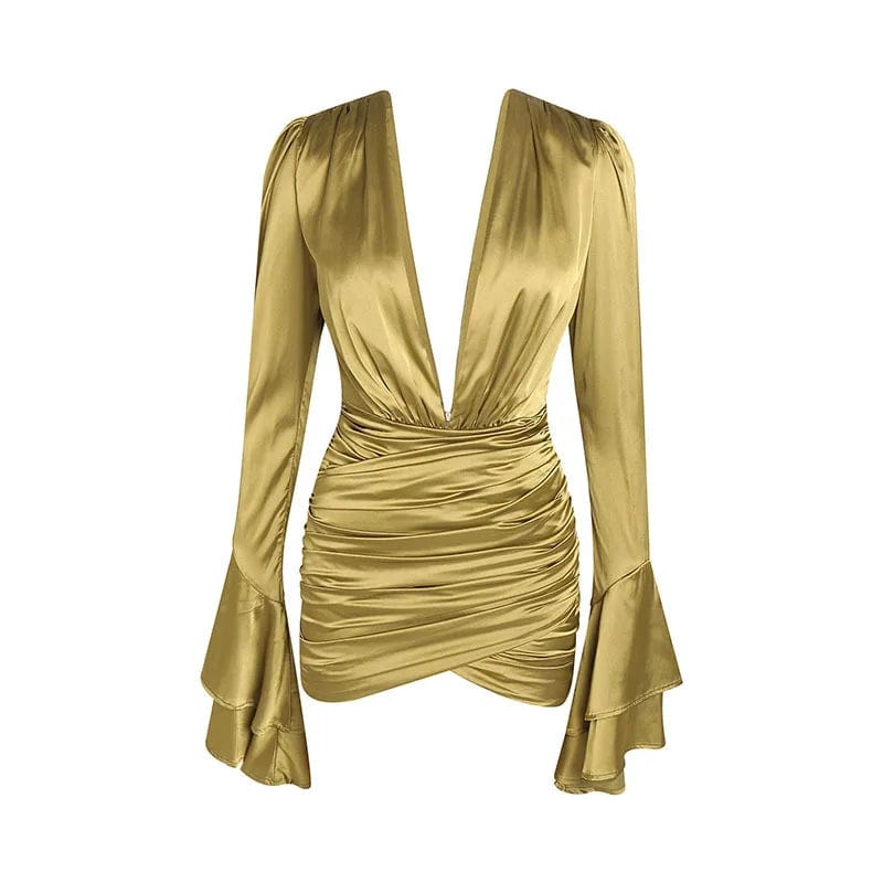 S / Golden OUDINA Stylish Pleated Red Evening Elegant Trumpet Long Sleeve Women's Clothing Short Party Dresses
