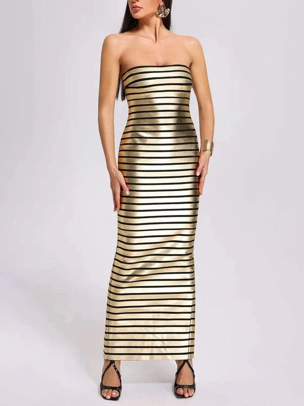 S / Golden SB2617 Kimshein Summer Sexy Stripe Dresses Women Party Evening Elegant Off Shoulder Bodycon Maxi Dress