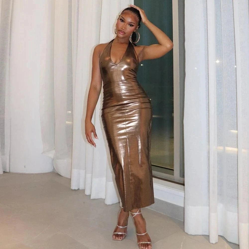 S / Golden Sexy modest shiny plunge v neck metallic bodycon maxi dress with sleeves