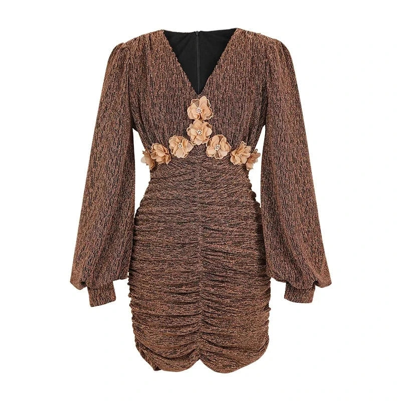 S / Golden ZYHT 50709 Bubble Long Sleeve Mini Ruched Dress Sexy Tight Dresses 3D Flower Decor V Neck Flocking Natural Waistline Puff Sleeve