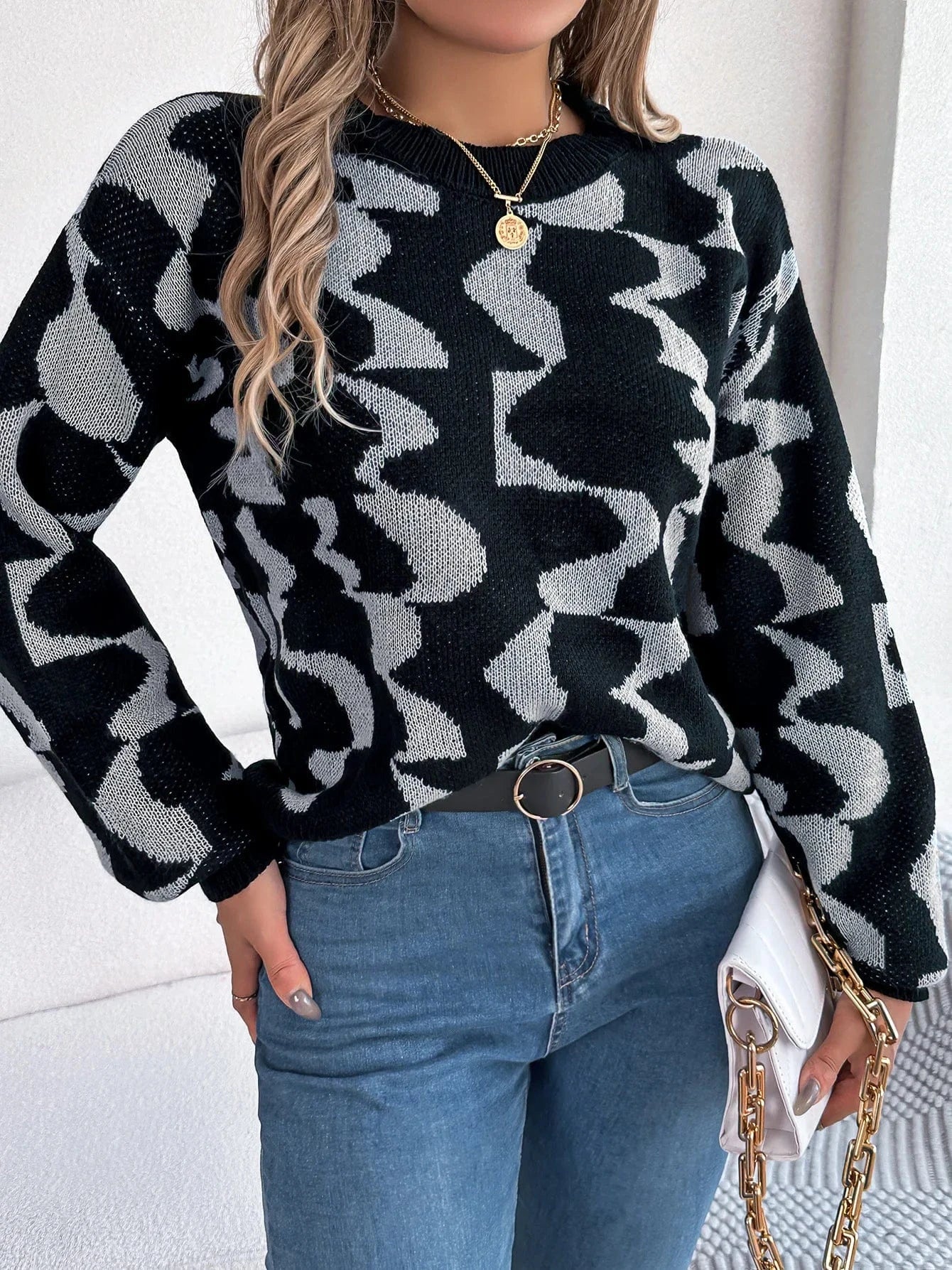 S / Gray 2023 Hot Sale Women Autumn and Winter O-neck Knitting Pullover Sweater Loose Long Sleeve Striped  Casual Sweater