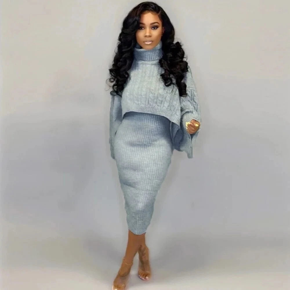 S / Gray 2024 Best-Selling Women Autumn and Winter Sweater Set Long Sleeve High-Neck Solid Color Knee Length Dress