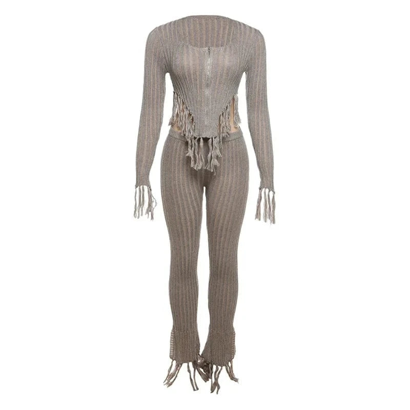 S / Gray 2024 Women Knitted Tassel 2 Piece Set Autumn Irregular Shape Long Sleeve Tops+elastic High Waist Pants Female Matching Suits