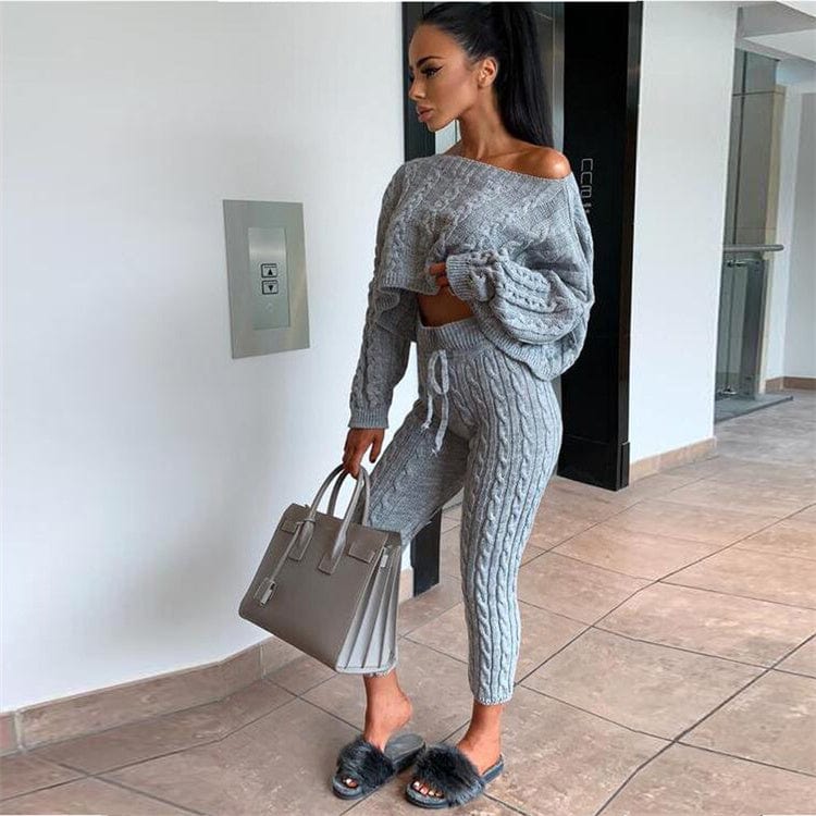 S / Gray 2pcs/Set Autumn Winter Knitted Outfits Women Pant Suits Sexy One Shoulder Sweaters Skinny Pants Two Piece Set Women