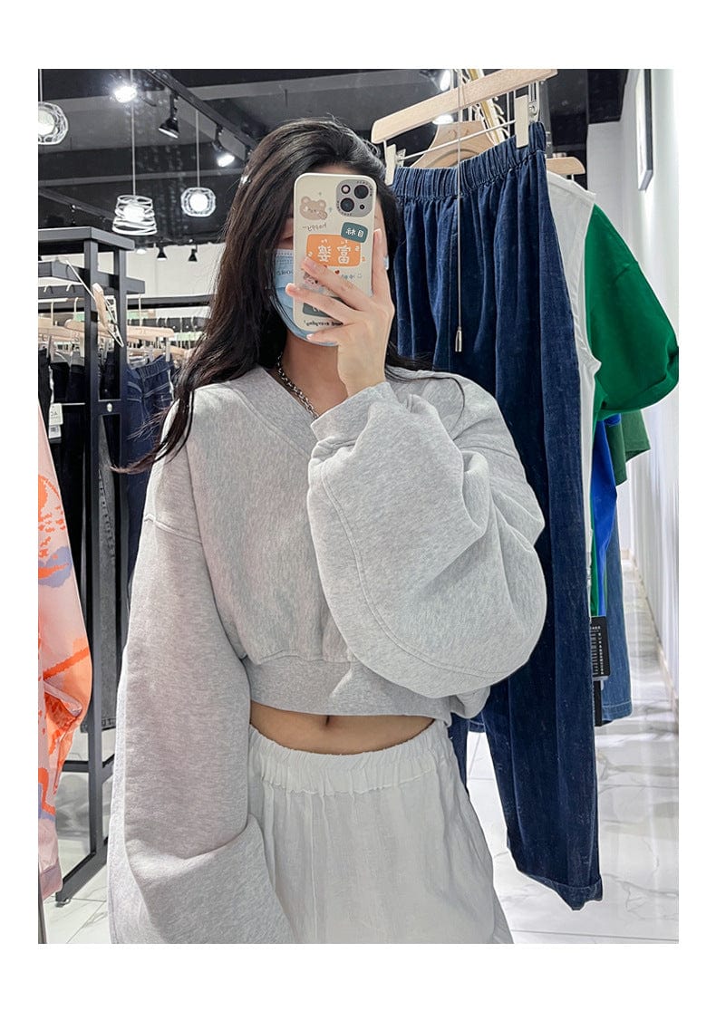S / Gray Black sweater women's thin loose loose 2023 spring and autumn all-match high-waisted navel-exposed short long-sleeved top