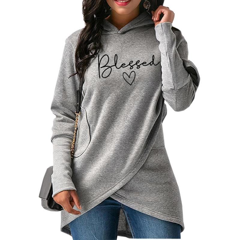 S / Gray blessed Fashion Women Hoodies Sweatshirts Long Sleeve Cross irregular Pullover Loose Jumper Hooded Sweatshirt Hoodies Tops
