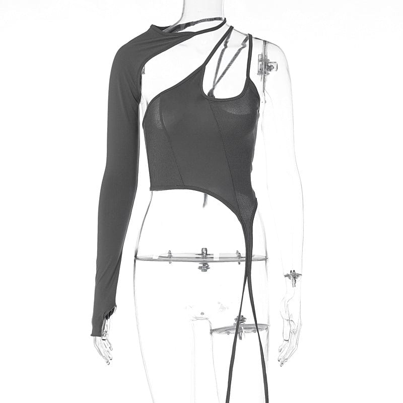 S / Gray Bomblook QWTP32 Women Clothing Y2k Tops Long Sleeve Shirt One Shoulder Cami Fashion 2022 Cut Out Halter Crop Top