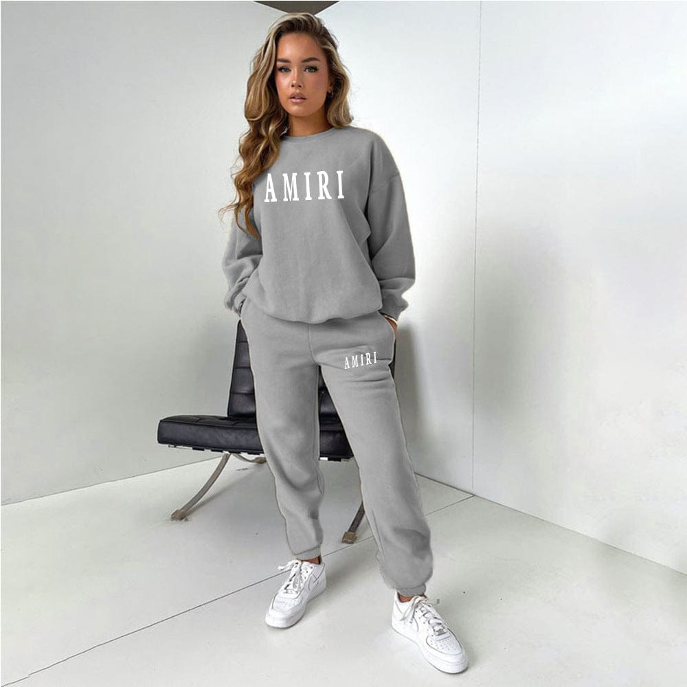 S / Gray C1575 Spring 2023 Letter Print Tracksuit Round Neck Long Sleeve Sweater Outfits Two Piece Set