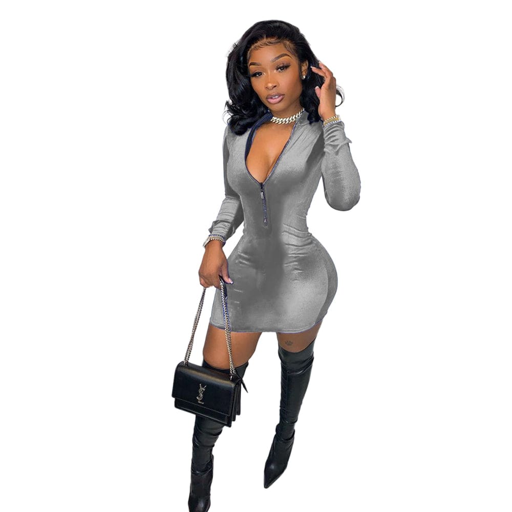 S / Gray Casual Dress Boutique Clothing Women Solid Color Blue Velvet Zipper Fashion Mini Dress