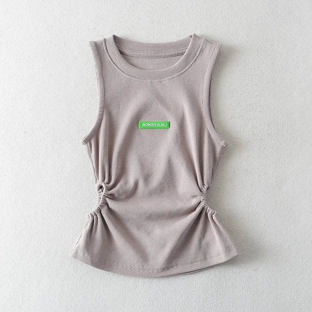 S / Gray Casual Style Rubber tag Sleeveless Crew Neck Ruched Basic Tank Top Tight Waist Shirt Women's Tank Top