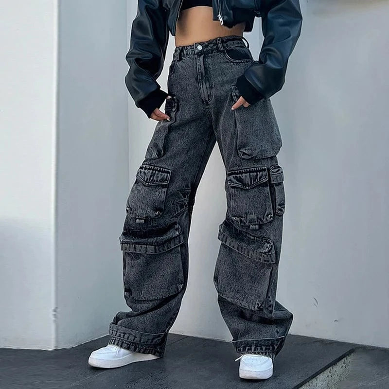 S / Gray CHICEVER Fashionable High Waist Patchwork Pockets Cargo Denim Jeans For Women 2023