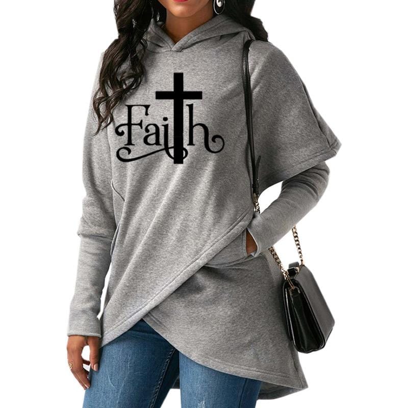 S / Gray faith letter print Warm cross hot sale loose Women Hoodies sweatshirt irregular hem design long sleeve women sweatshirt