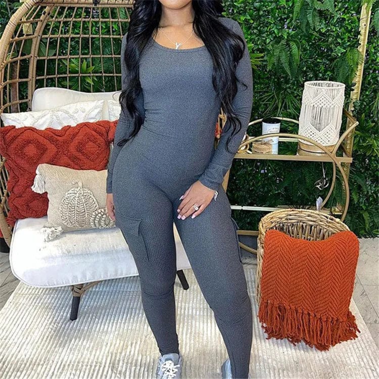 S / Gray Fall Ribbed Jumpsuit Women Pants 2023 One Piece Casual Outfits O Neck Long Sleeve Bodycon Jumpsuit