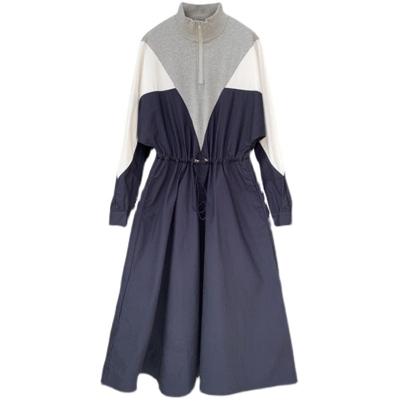 S / Gray Fall spring fashion trendy ladies elegant patchwork sweatshirt dress drawstring waist long sleeve women casual dresses