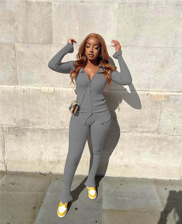 S / Gray Fashion New Solid Color Long Sleeve Rib Winter 2 Piece Sets For Women Two Piece Pants Set Women