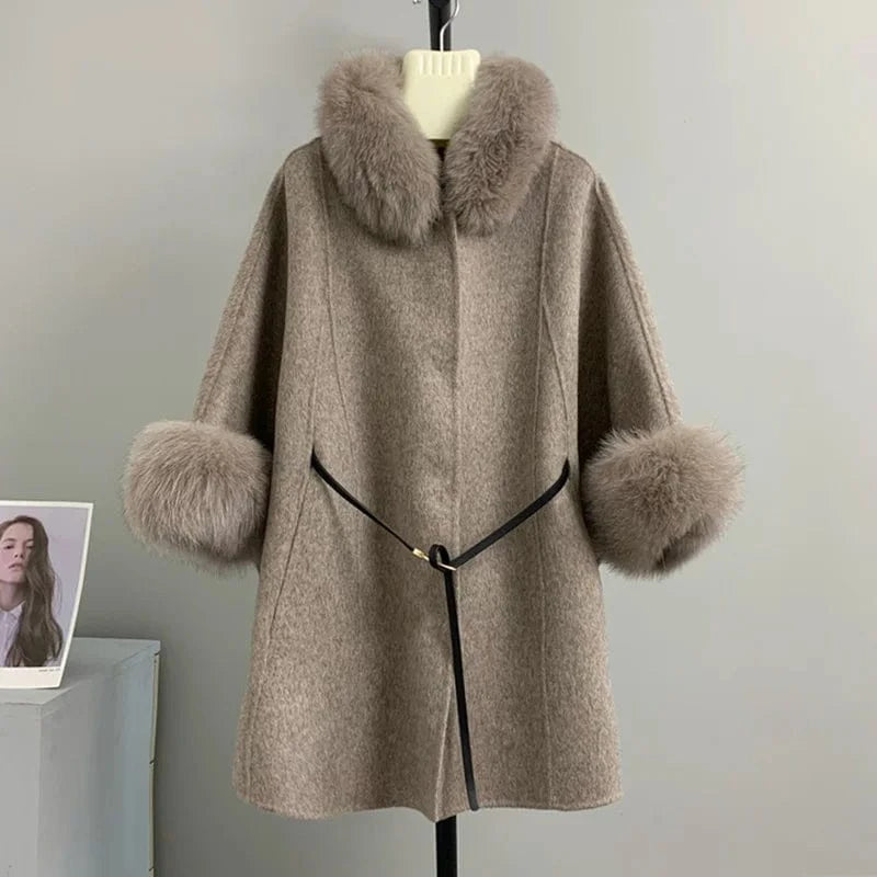 S / Gray High Quality Winter Sheep Wool Fox Fur Collar Cuffs Coat Real Cashmere Wool Coat Women