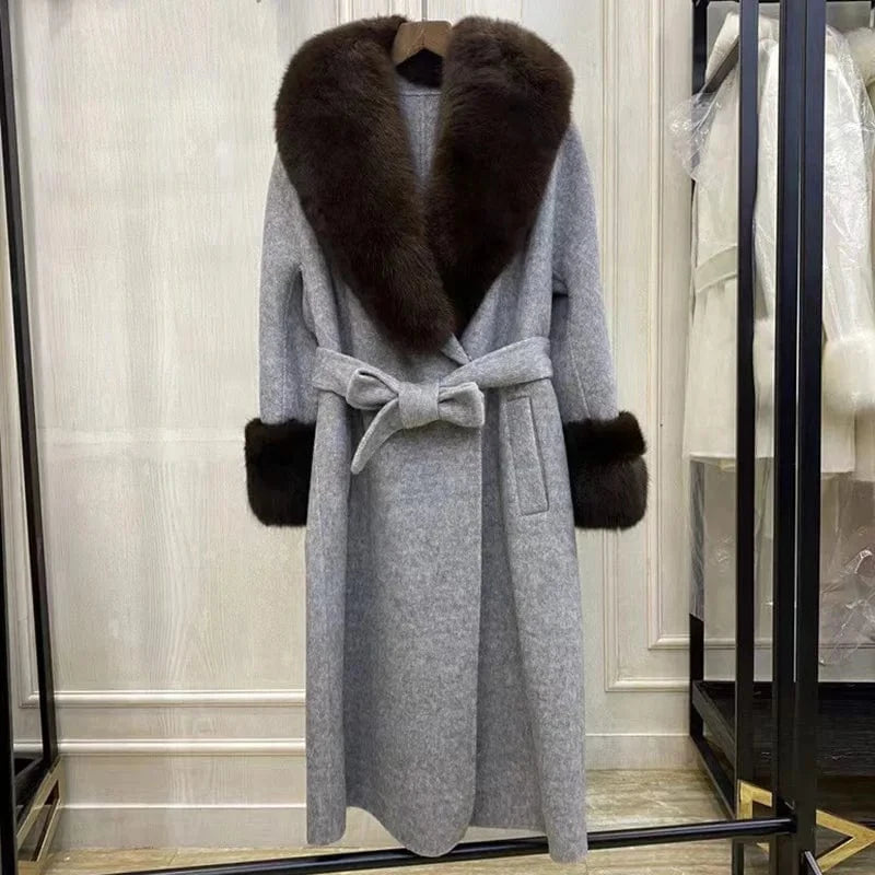 S / Gray High Quality Winter Warm Solid Long Wool Trench Coat Women Cashmere Coat with Fox Fur Collar Cuffs