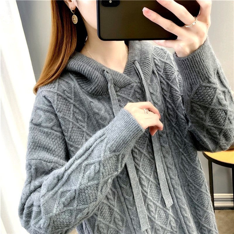 S / Gray New Hooded Thickened Knit Women's Twists Sweater Warm in Autumn and Winter Loose Outside