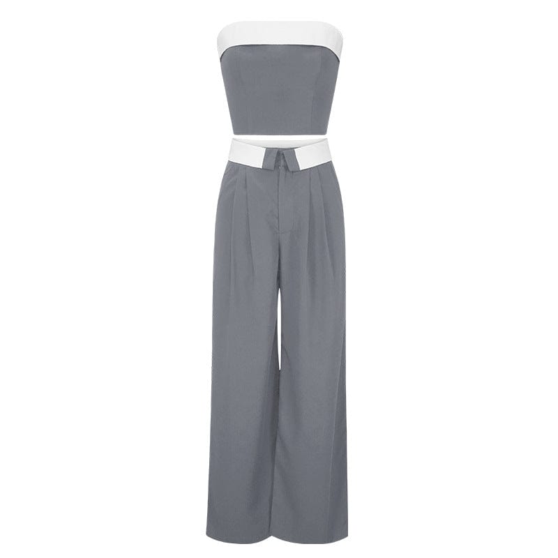S / Gray New Set Contrast colorTank Top and Wide Leg Suit Pants Fashion Casual Two Piece Set