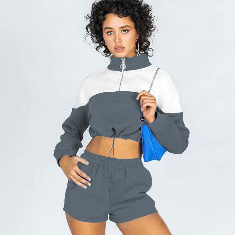 S / Gray New Spring 2022 Women High Collar Custom Casual Sport Set Sweatshirt Jogger and Shorts Suit Stitching Design Shorts Set