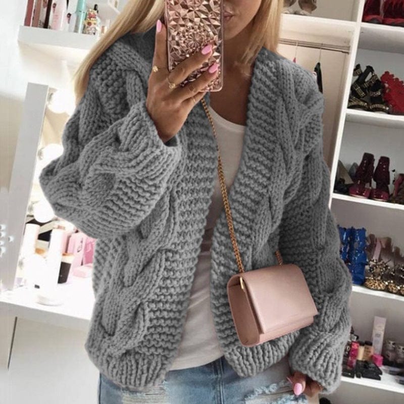 S / Gray New style sweater women Europe and America rough roughened yarn Fried Dough Twists knitting cardigan sweater women
