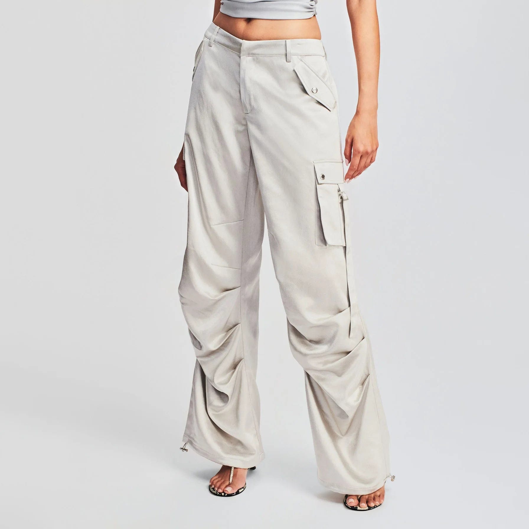 S / Gray OUDINA Hot Sale Style Pleated Low Waist Pants For Ladies Overall Pocket Splicing Straight Trousers For Women