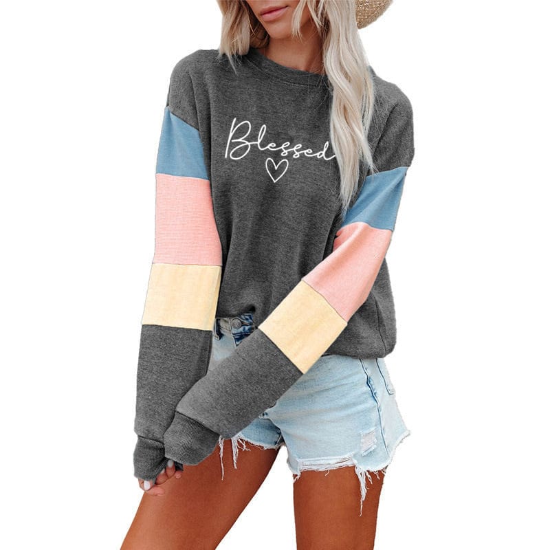 S / Gray Patchwork Fashion Women Sweatshirt Casual Long Sleeve Pullover blessed Print Crewneck Women logo hoodie  Sweatshirt
