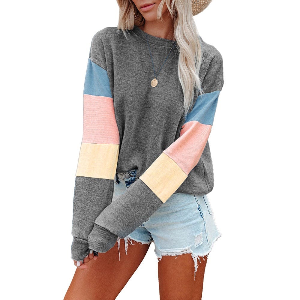 S / Gray Pullover Sweater For Women New Round Neck Long Sleeve Contrast Color Fashion T-Shirt