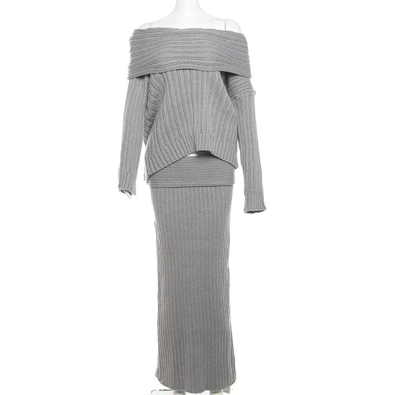 S / Gray suit Liu Ming New 2024 Products Women Sexy Two Piece Off Shoulder Tops Bodycon Long Skirt Casual Outfit