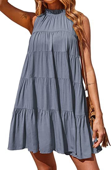 S / Gray Summer Fashion Elegant Casual A line Dresses Halter Neck Ruffles Tiered Girls Mini Beach Dress