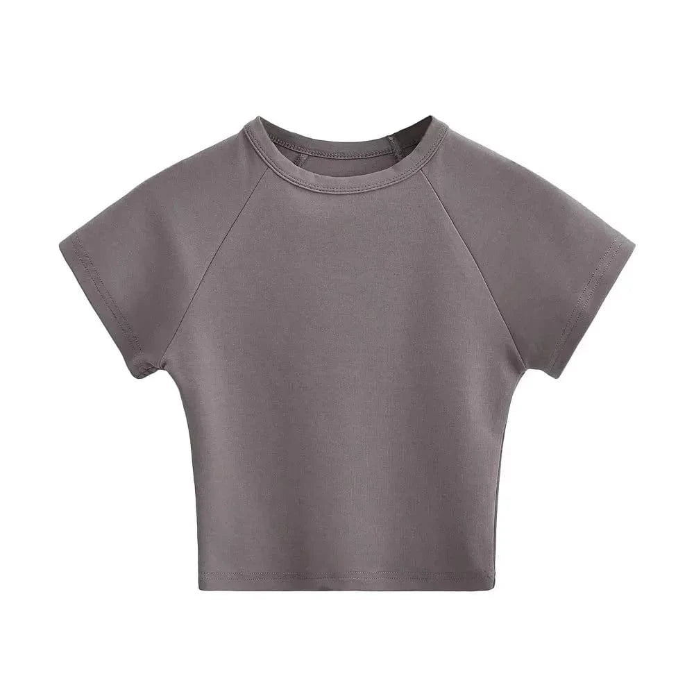 S / Gray T shirt Manufacture Crop Bady Tee Custom logo Cute crew neck raglan seam short sleeve crop t shirts for women