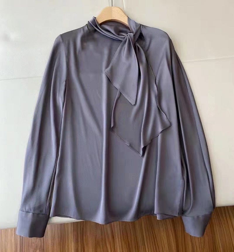 S / Gray Top Quality Silk Blouses 2023 Spring Summer Silk Shirt Women Bow Deco Long Sleeve Elegant Grey Wine Red White National Silk Top