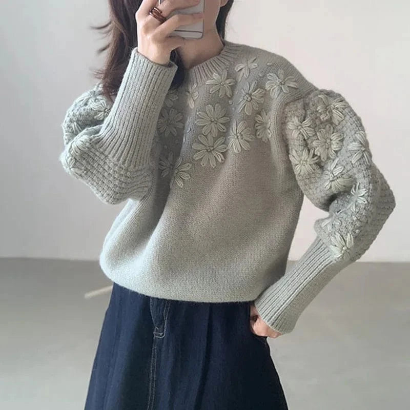 S / Gray Vintage Round Neck Heavy Three-dimensional Embroidery Daisy Loose Casual Lantern Sleeve Sweater