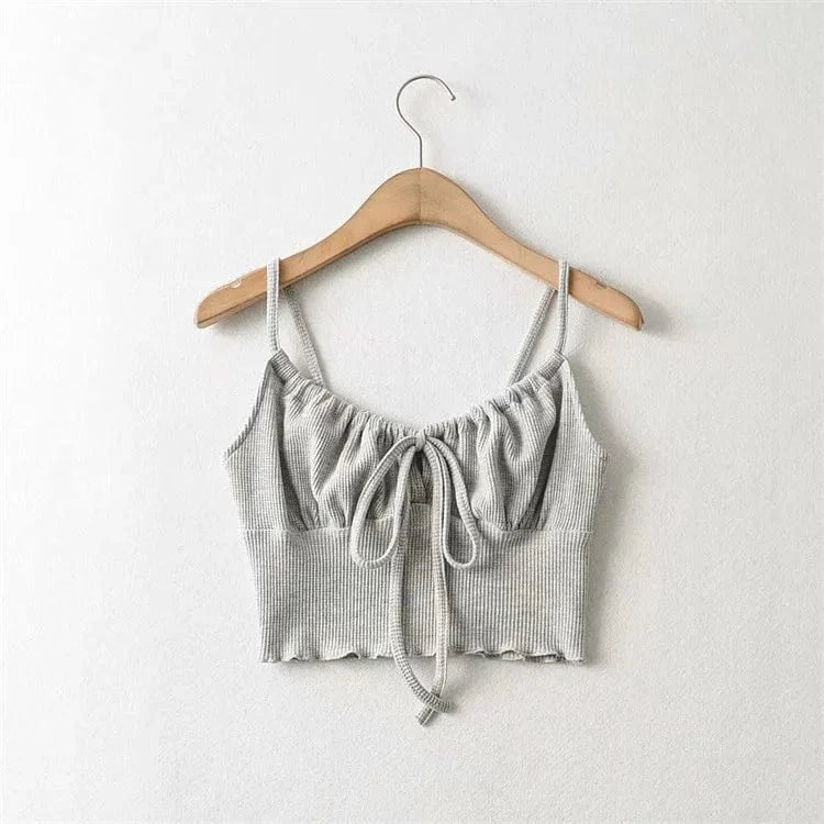 S / Gray Wholesale 2022 Summer Crop Top with Drawstring Sleeveless Hollow Out Waffle Women Crop Tank Top