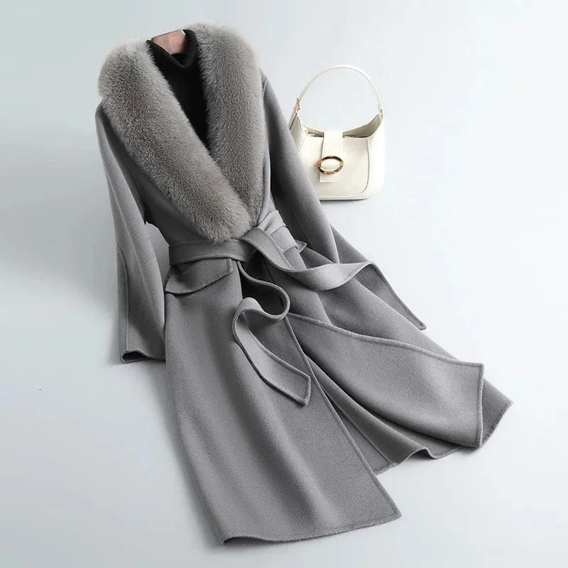 S / Gray Winter Gray Black Solid Color Winter Women Wool Cashmere Long Coat with Fox Fur Collar