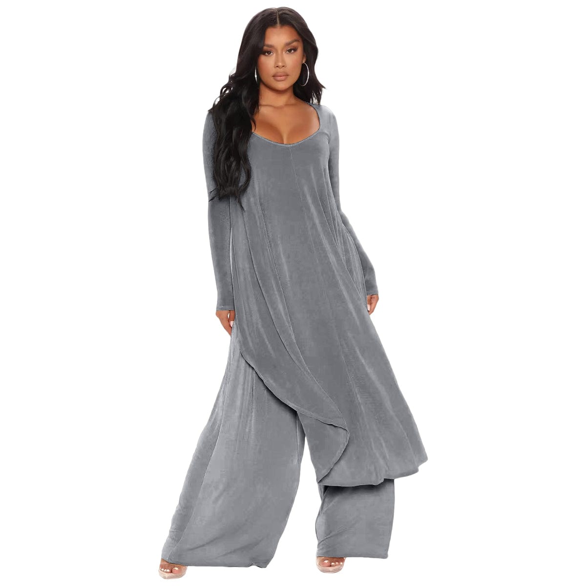 S / Gray Womens Sets For Fall Plus Size Gold Velvet Long Sleeve Long Top & Pants Set