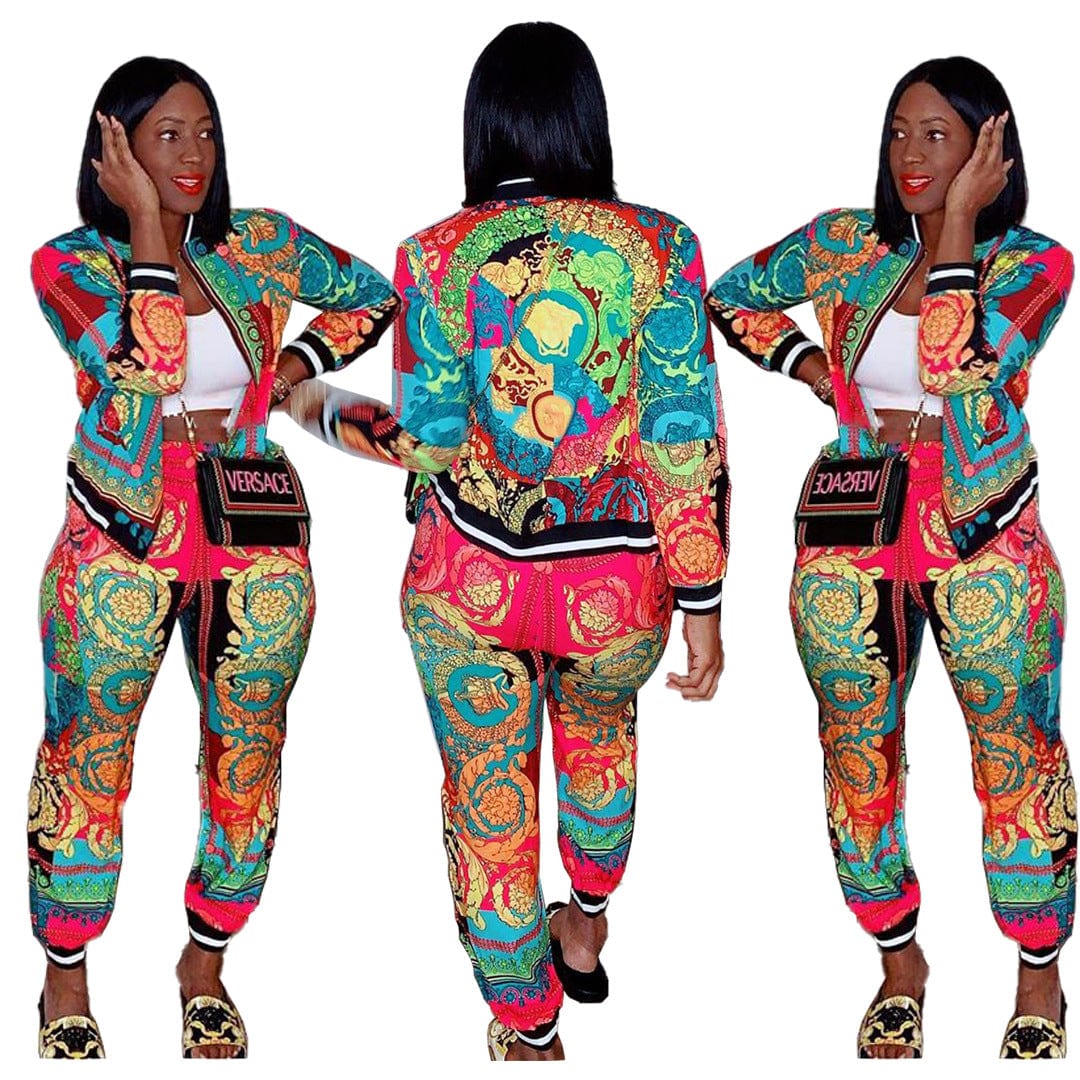 S / green 2022 Good Quality Fashion Clothes Zip Jacket Two Piece Pants Set Plus Size Colorful Print 2 Piece Set Women