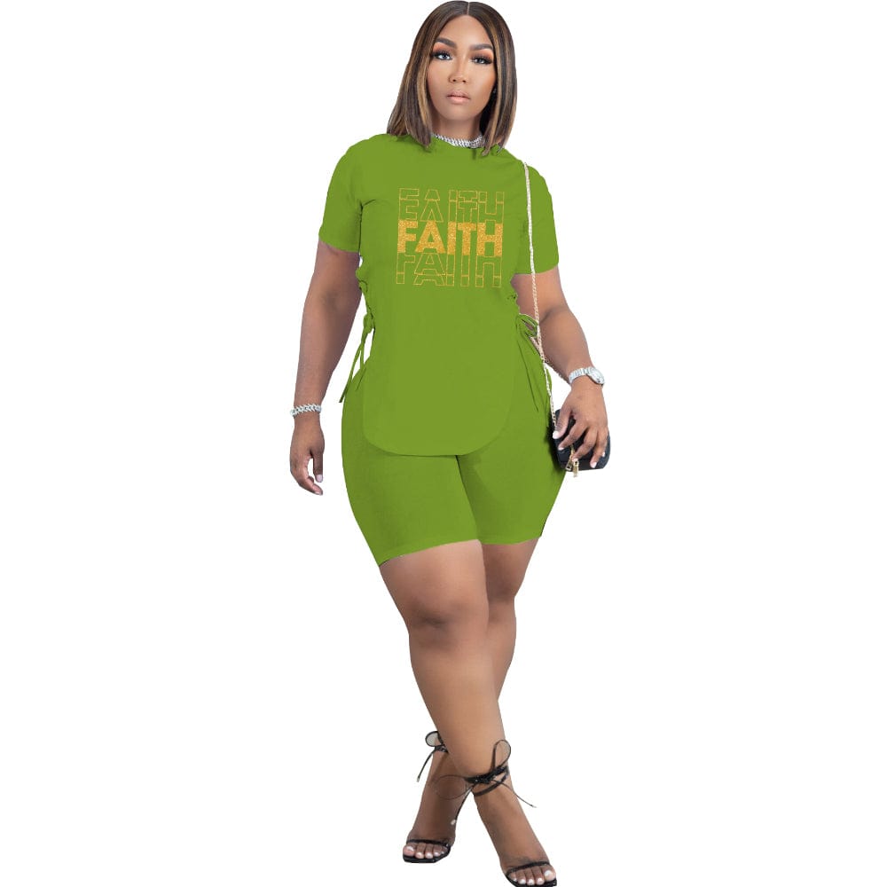 S / green 2022 Summer Fashion Short Sleeve Irregular Tops Letter Print Bandage Women Shorts Two Piece Set