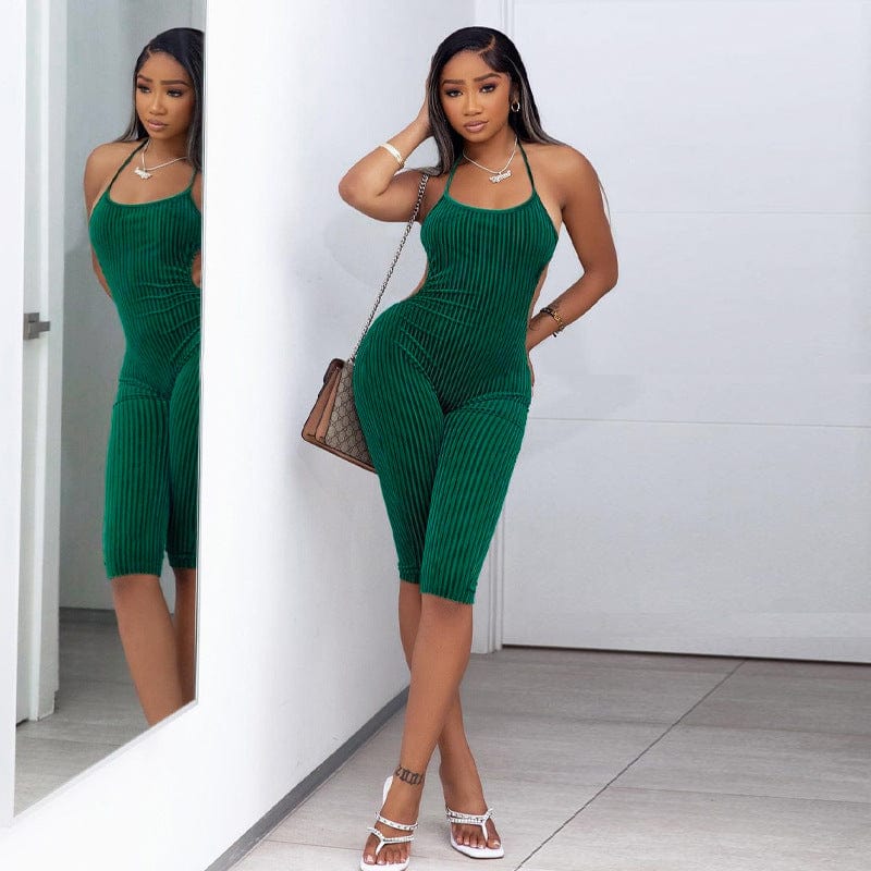 S / green 2022 Summer Women Sexy Bodysuit Solid Color Halter  Fitness Sports Jogging Rompers Jumpsuit