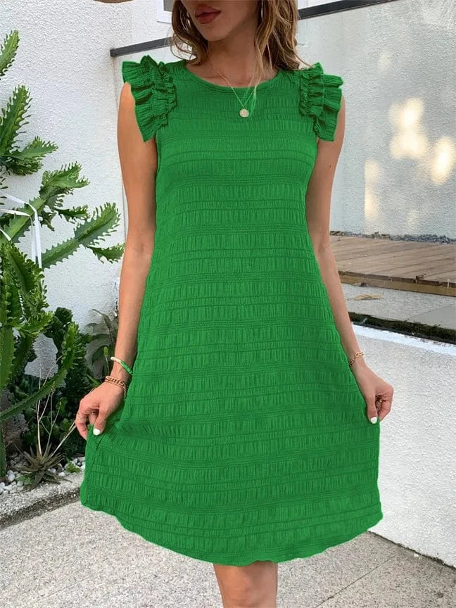 S / green 2024 Summer New Solid Color Auricular Edge Fashion Casual Art Sleeveless Dress Women's Mid length Dress
