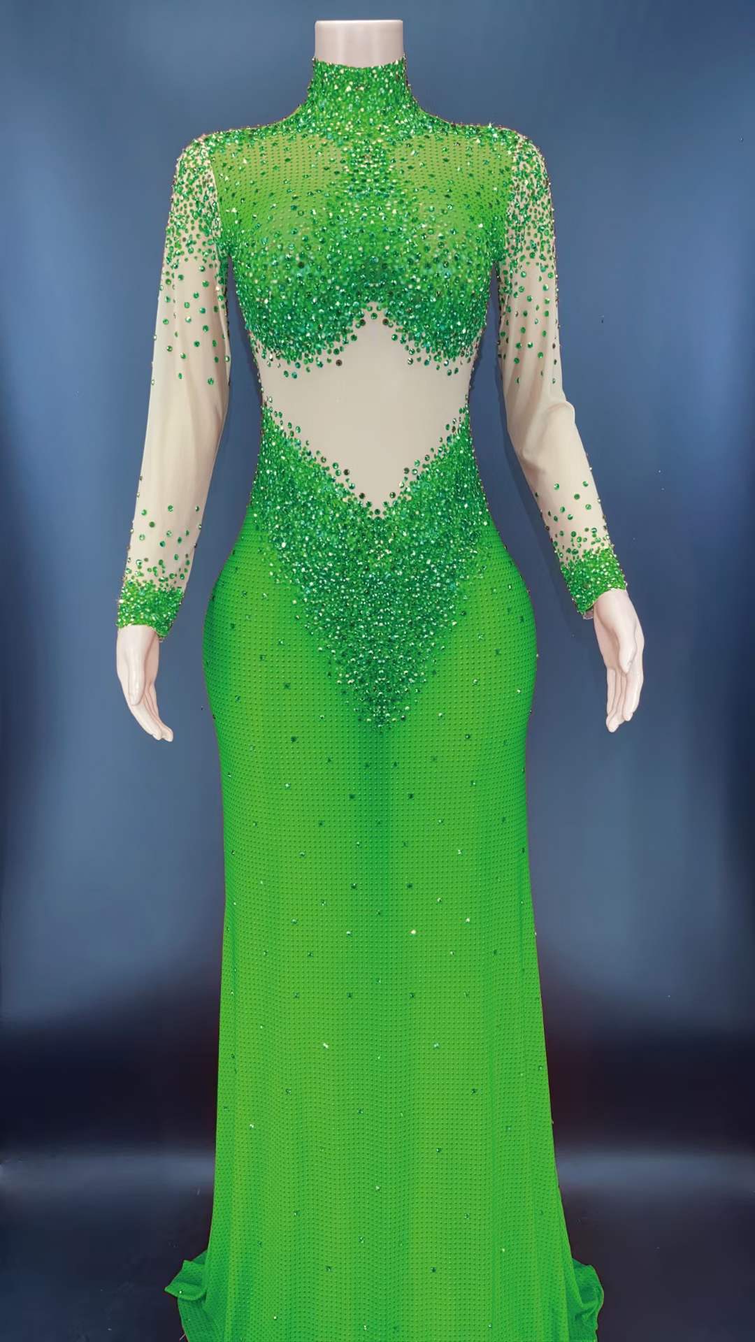 S / green AD1154 Long Sleeve Crystal Evening Gowns Party Beading Sequin Exotic Dancewear Women Night Club Outfits
