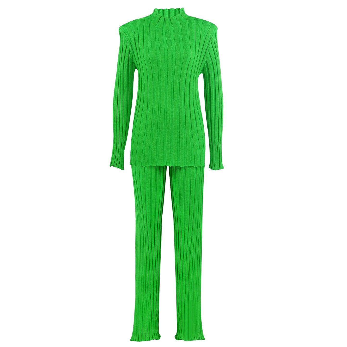 S / green Amazon Hot Sale New Women's Solid Color Pit Stripe Shoulder Pads women two piece set Sweater Tops & Pants 2 Piece Set Women