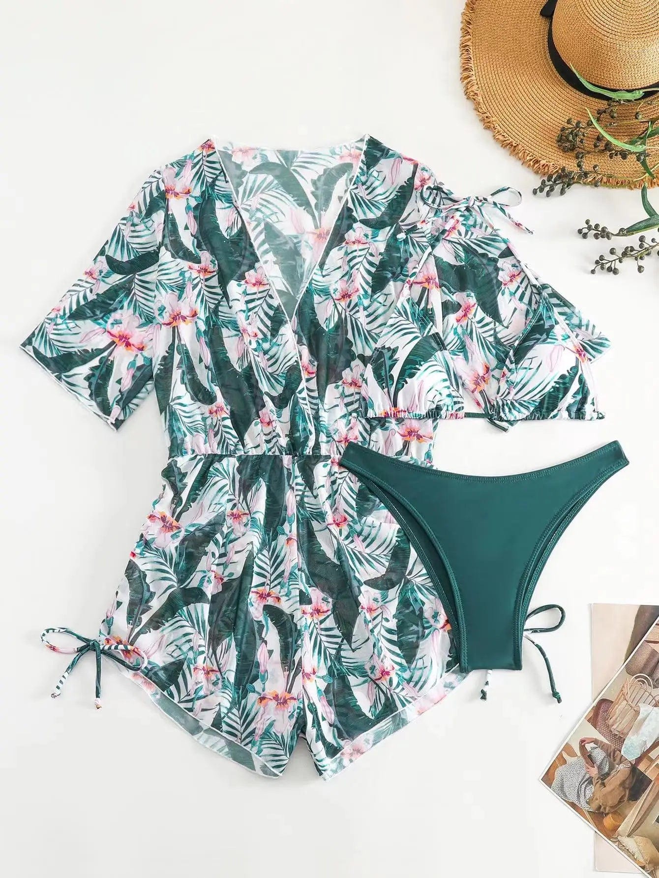 S / Green and white flowers S-XL Bikini Three Piece Set Leaf print waist tied fashionable long sleeved beach sun proof swimsuit set  3pack