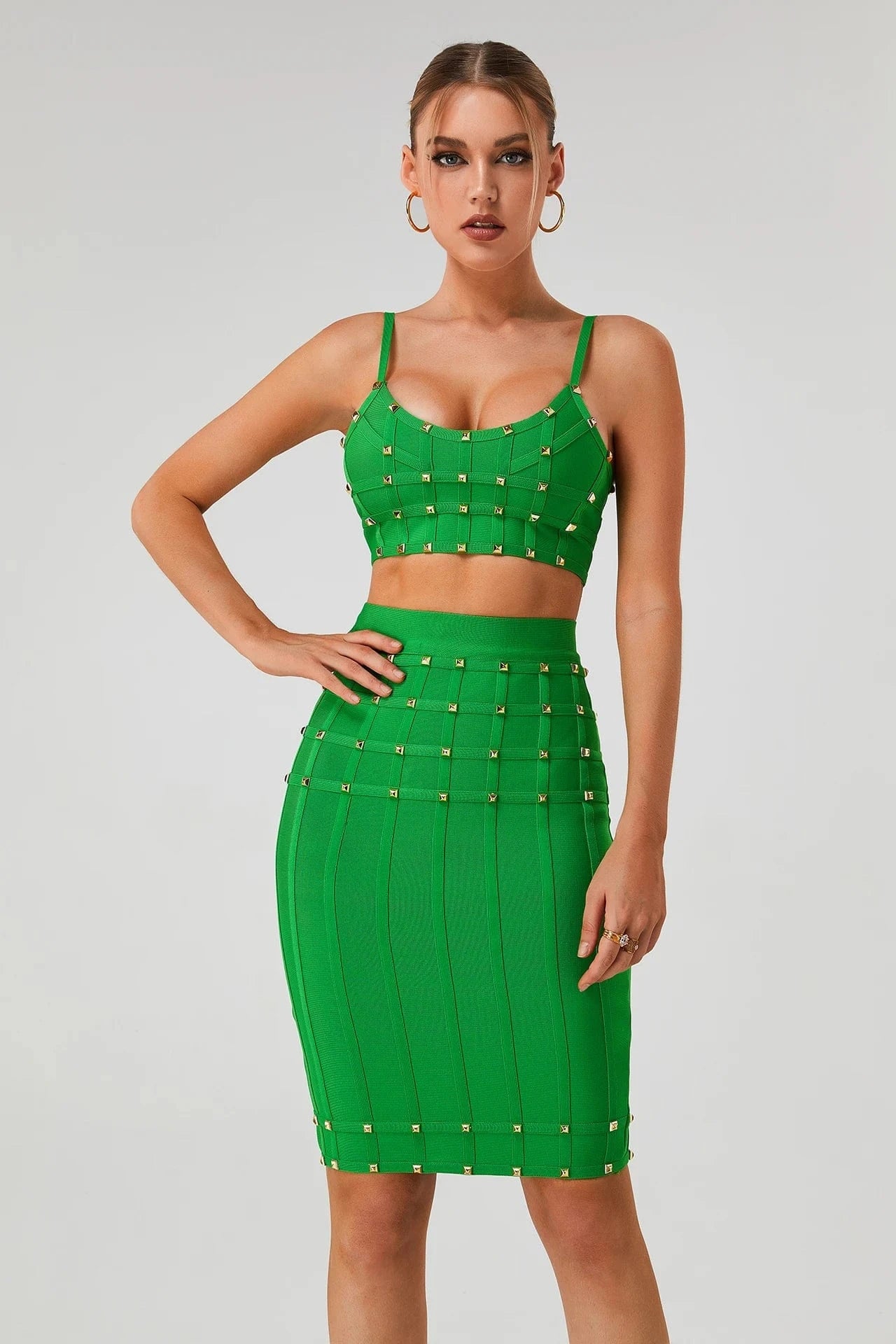 S / green BA363 Bandage Dress Set Sexy Spaghetti Strap Top Mini Skirts Two Pieces Set Fashion Party High Quality Woman Summer Suit Dress