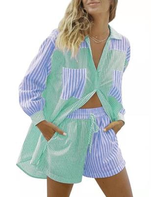 S / Green blue Casual Women Summer Beach Tracksuit Shorts Set Striped Blouse Shirt Tops And Mini Shorts Suit Two Piece Set Loungewear Coldker